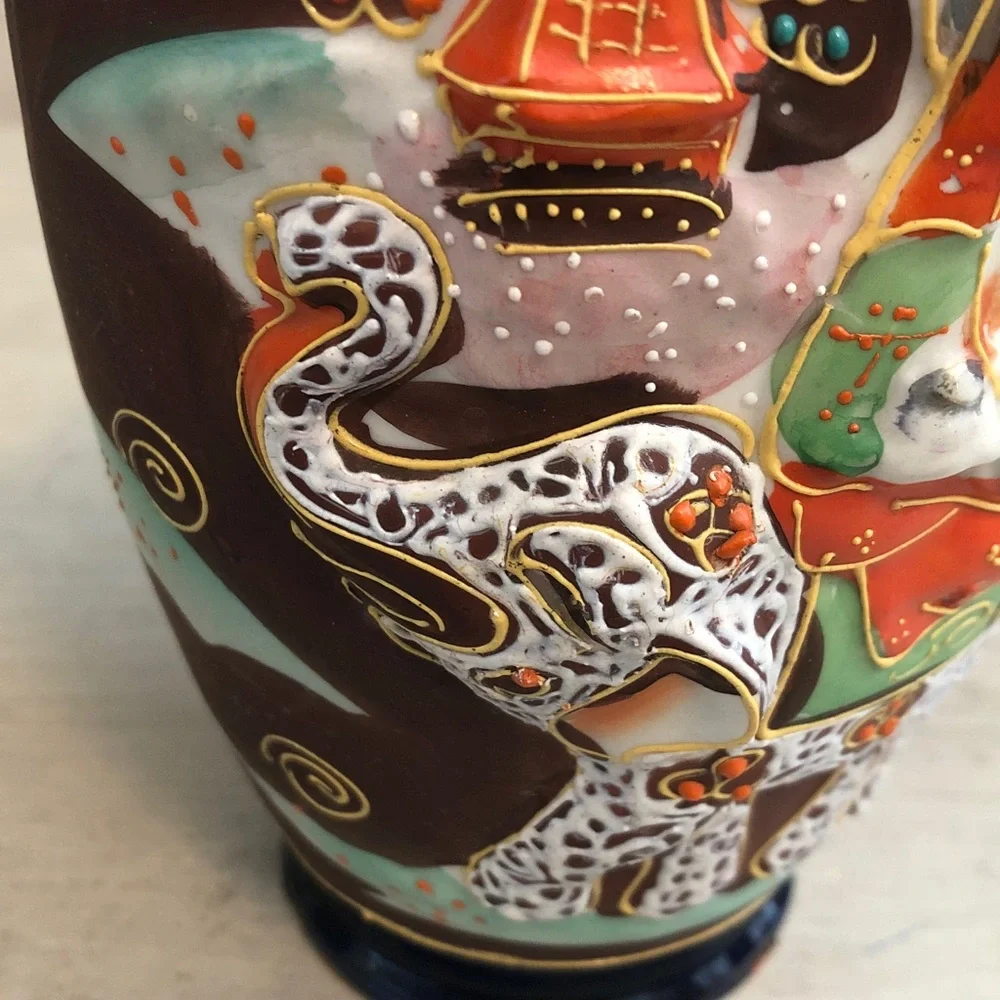 Satsuma Moriage Vase Raised Relief Elephant Geisha Cobalt n Brown Made in Japan